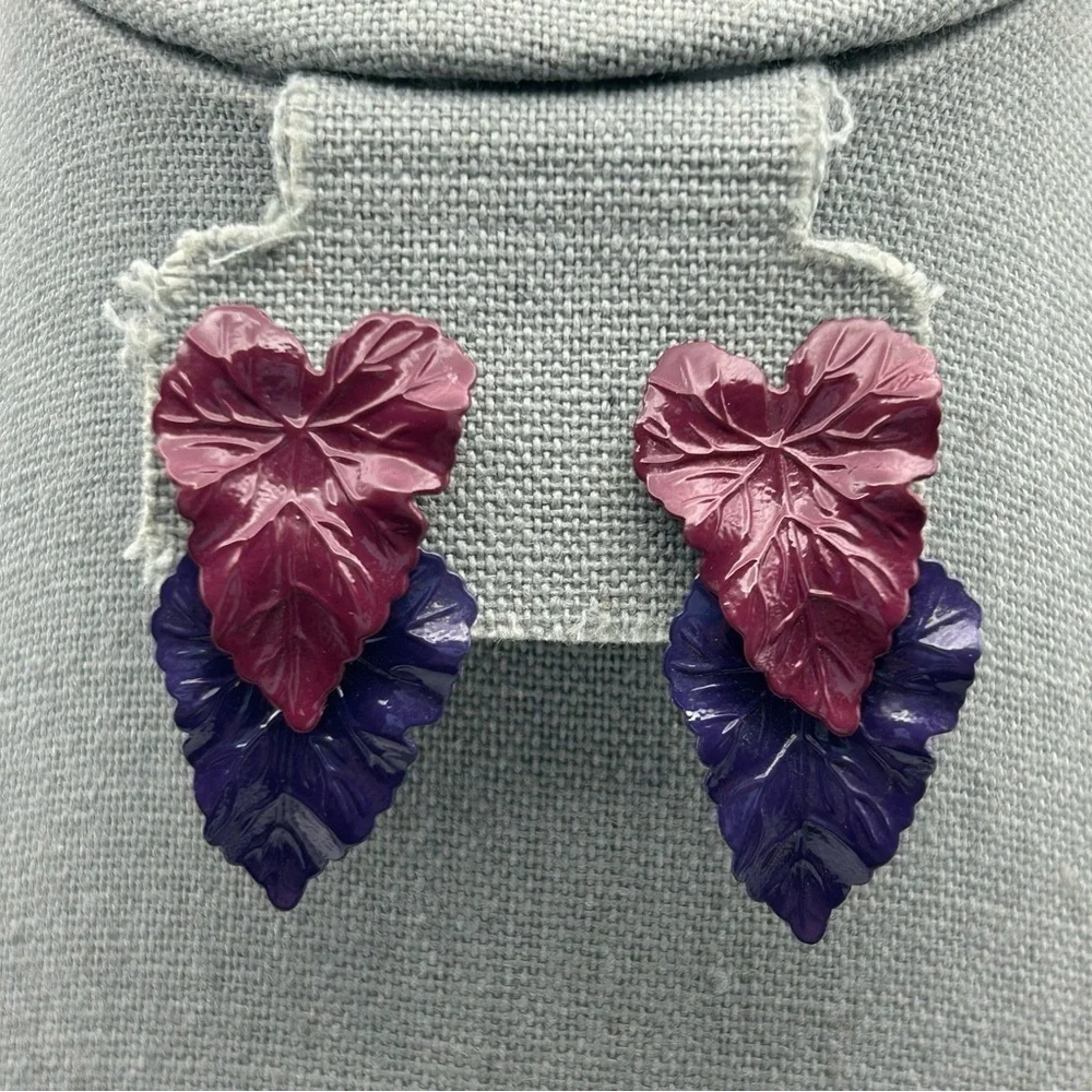 Vintage Lightweight Magenta and Purple Two Layered Textured Leaf Stud Earrings
